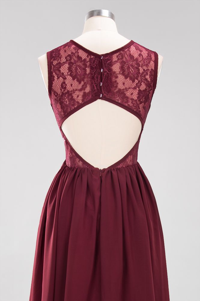 MISSHOW offers Elegant A-line Lace Sleeveless Bridesmaid Dresses Chiffon Jewel Ruffles Floor-Length Evening Dress with Appliques at a good price from Misshow