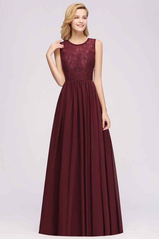 MISSHOW offers Elegant A-line Lace Sleeveless Bridesmaid Dresses Chiffon Jewel Ruffles Floor-Length Evening Dress with Appliques at a good price from Misshow