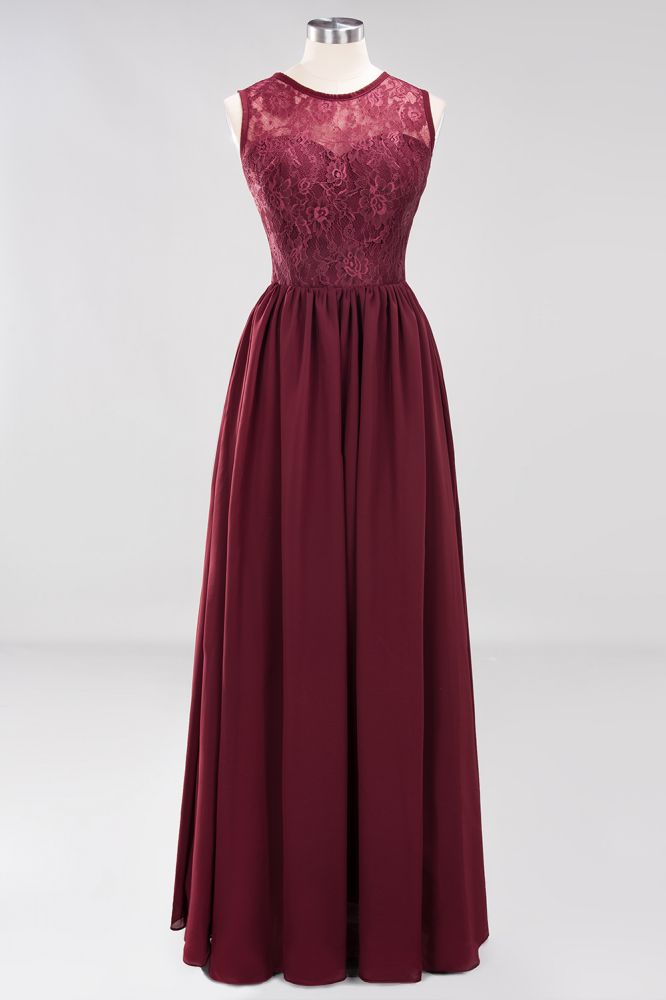 MISSHOW offers Elegant A-line Lace Sleeveless Bridesmaid Dresses Chiffon Jewel Ruffles Floor-Length Evening Dress with Appliques at a good price from Misshow