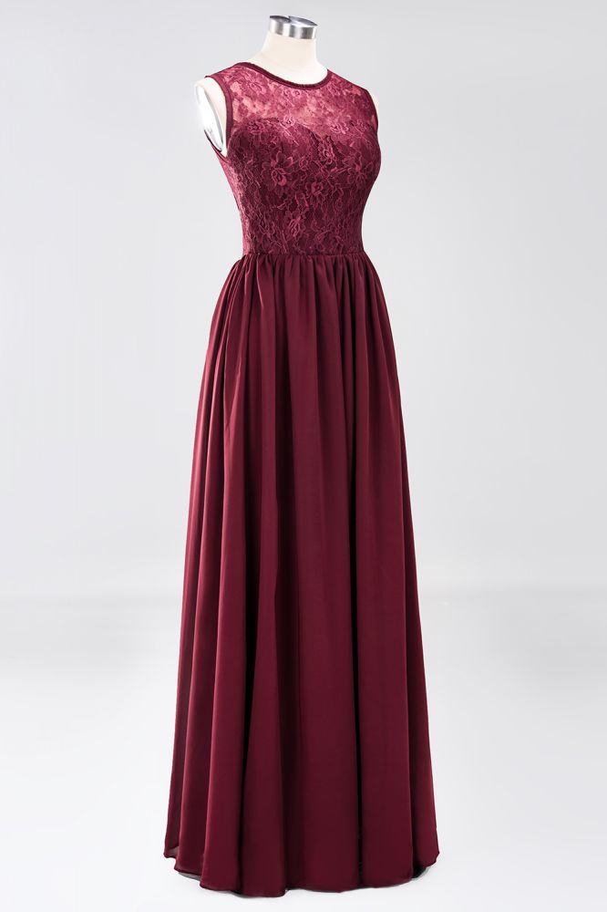 MISSHOW offers Elegant A-line Lace Sleeveless Bridesmaid Dresses Chiffon Jewel Ruffles Floor-Length Evening Dress with Appliques at a good price from Misshow