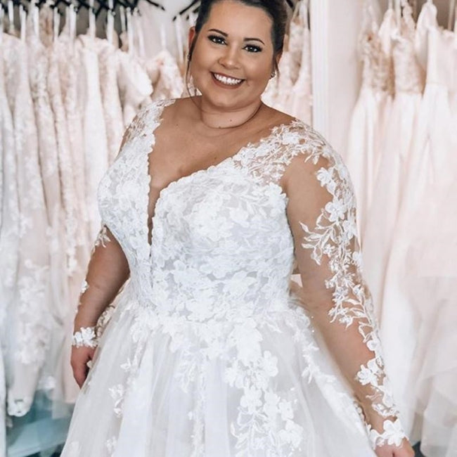 Elegant A-line Lace V-neck Plus Size wedding dresses with Long sleeves-misshow.com
