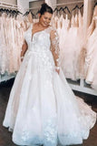 Elegant A-line Lace V-neck Plus Size wedding dresses with Long sleeves-misshow.com