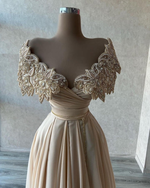 Elegant A-line Long Glitter Beading Sweetheart Prom Dresses-misshow.com