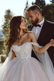 Elegant A-line Off-the-shoulder Tulle Lace Appliques Wedding Dress-misshow.com