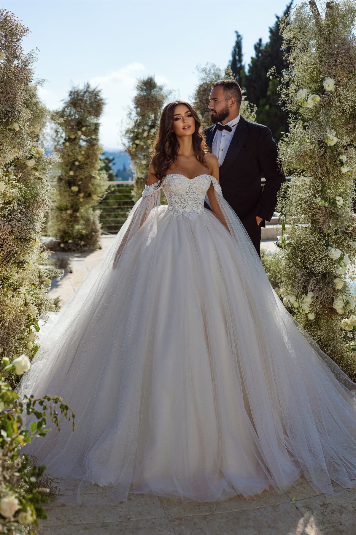 Elegant A-line Off-the-shoulder Tulle Lace Appliques Wedding Dress misshow.com Elegant A-line Off-the-shoulder Tulle Lace Appliques Wedding Dress misshow.com