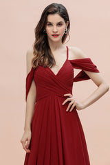 Elegant A-line Off-the-Shoulder V-neck Ruched Long Bridesmaid Dress-misshow.com