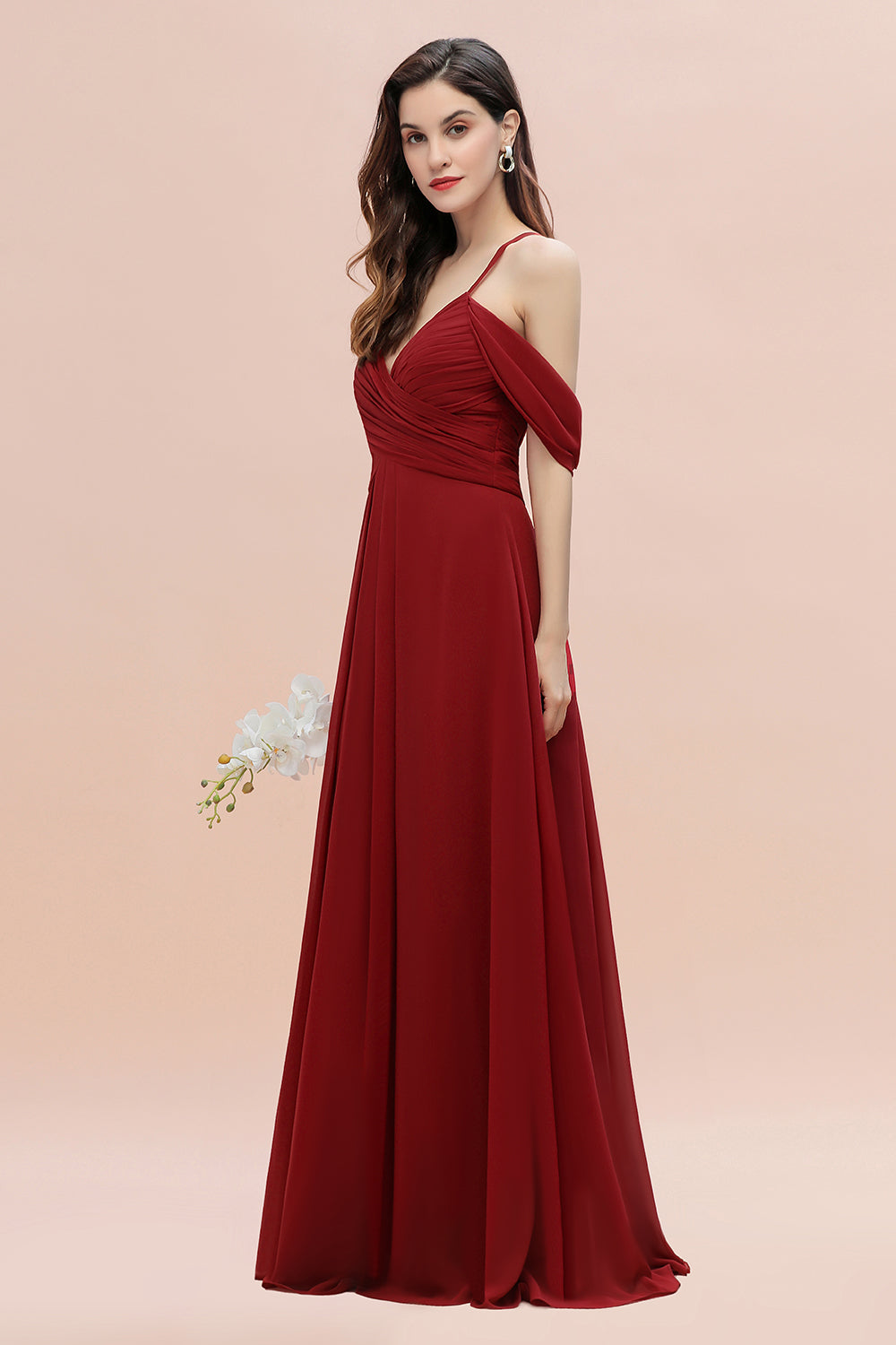 Elegant A-line Off-the-Shoulder V-neck Ruched Long Bridesmaid Dress-misshow.com