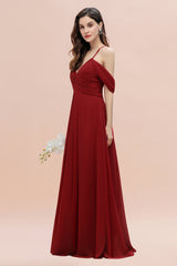 Elegant A-line Off-the-Shoulder V-neck Ruched Long Bridesmaid Dress-misshow.com