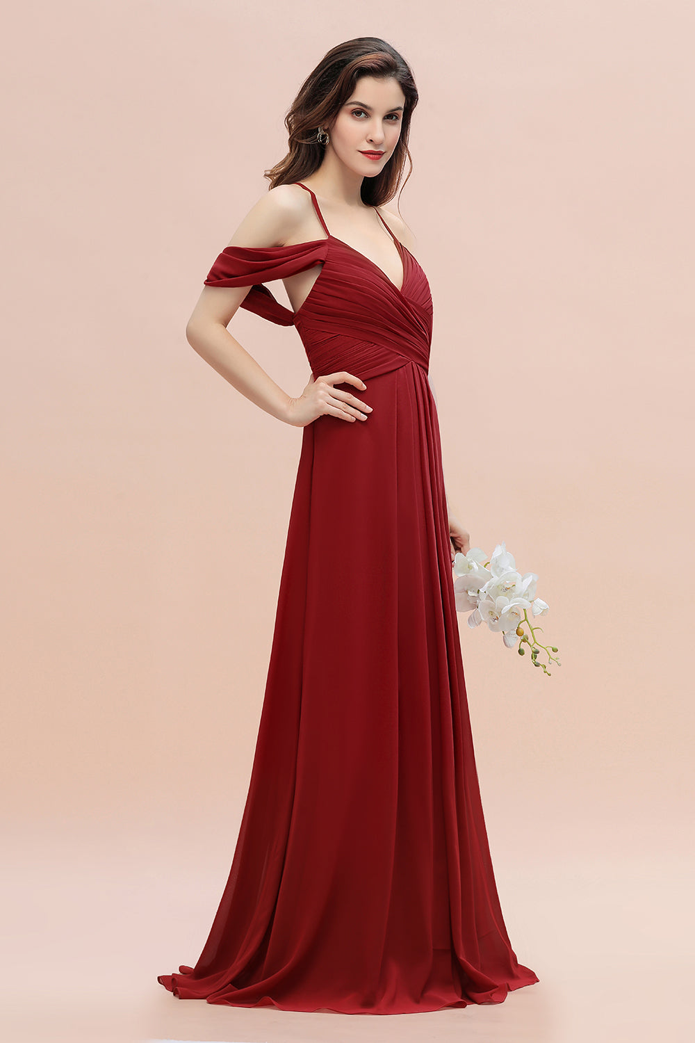Elegant A-line Off-the-Shoulder V-neck Ruched Long Bridesmaid Dress-misshow.com