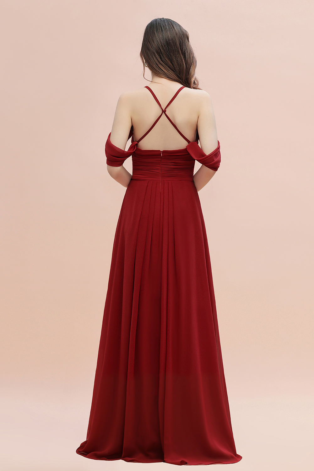 Elegant A-line Off-the-Shoulder V-neck Ruched Long Bridesmaid Dress-misshow.com