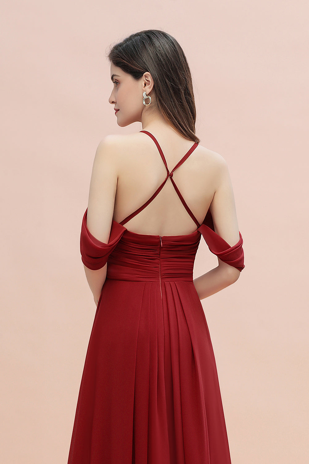 Elegant A-line Off-the-Shoulder V-neck Ruched Long Bridesmaid Dress-misshow.com