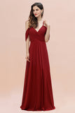 Elegant A-line Off-the-Shoulder V-neck Ruched Long Bridesmaid Dress-misshow.com