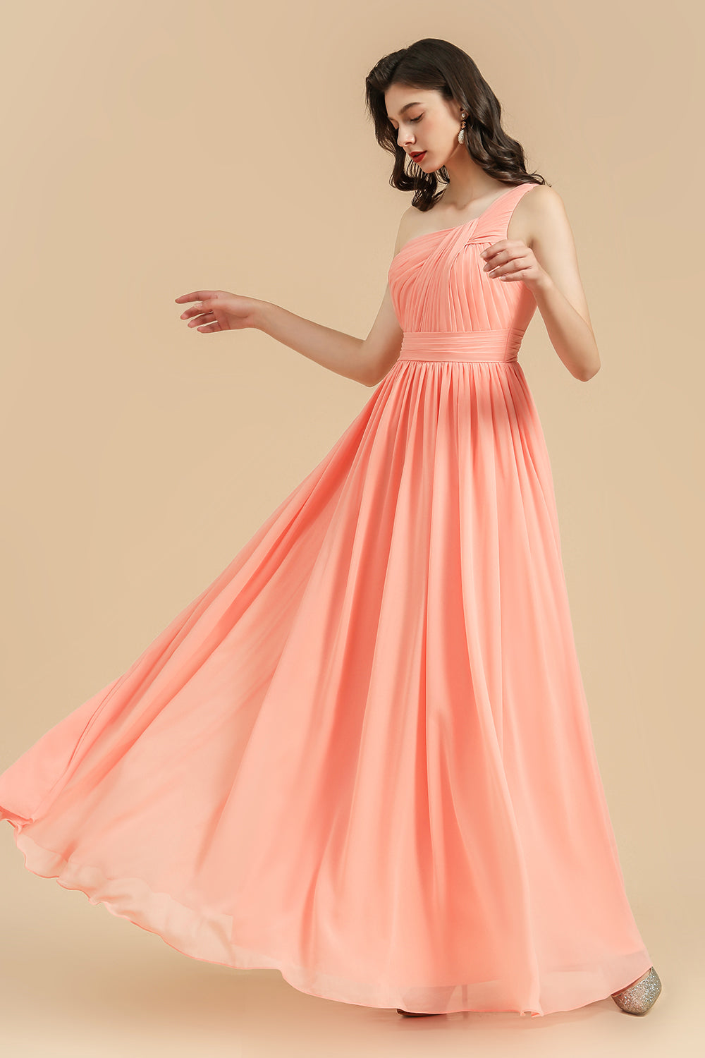 Elegant A-line One Shoulder Coral Chiffon Long Bridesmaid Dress-misshow.com