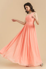 Elegant A-line One Shoulder Coral Chiffon Long Bridesmaid Dress-misshow.com