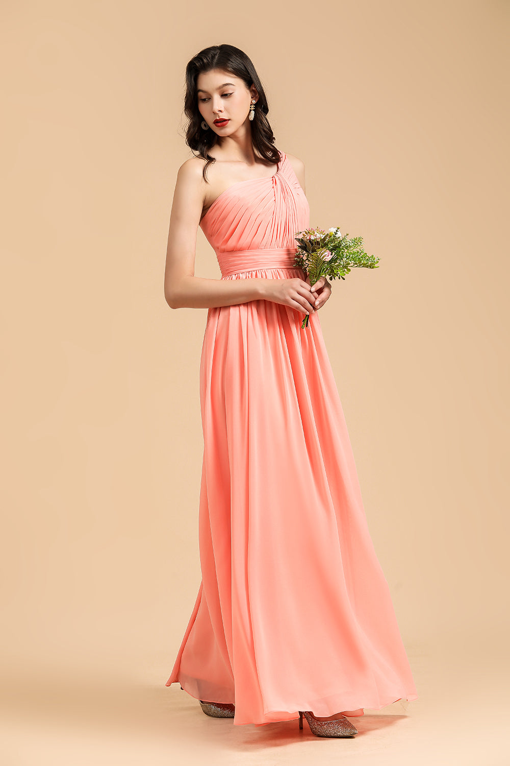 Elegant A-line One Shoulder Coral Chiffon Long Bridesmaid Dress-misshow.com