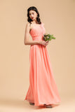 Elegant A-line One Shoulder Coral Chiffon Long Bridesmaid Dress-misshow.com