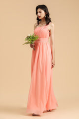 Elegant A-line One Shoulder Coral Chiffon Long Bridesmaid Dress-misshow.com