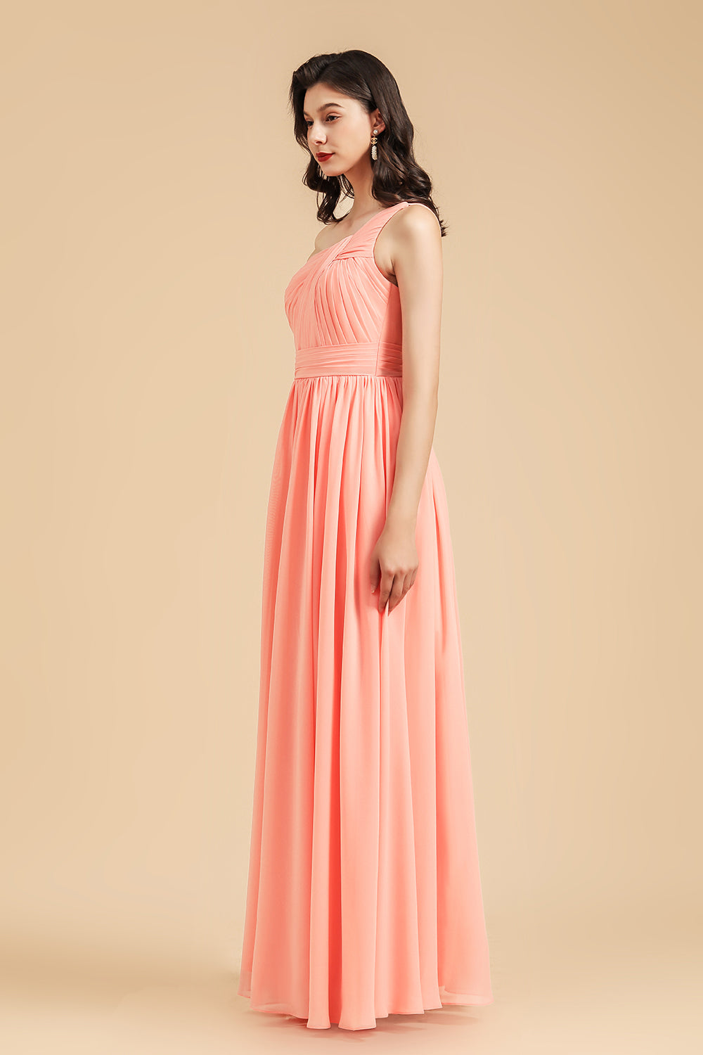 Elegant A-line One Shoulder Coral Chiffon Long Bridesmaid Dress-misshow.com