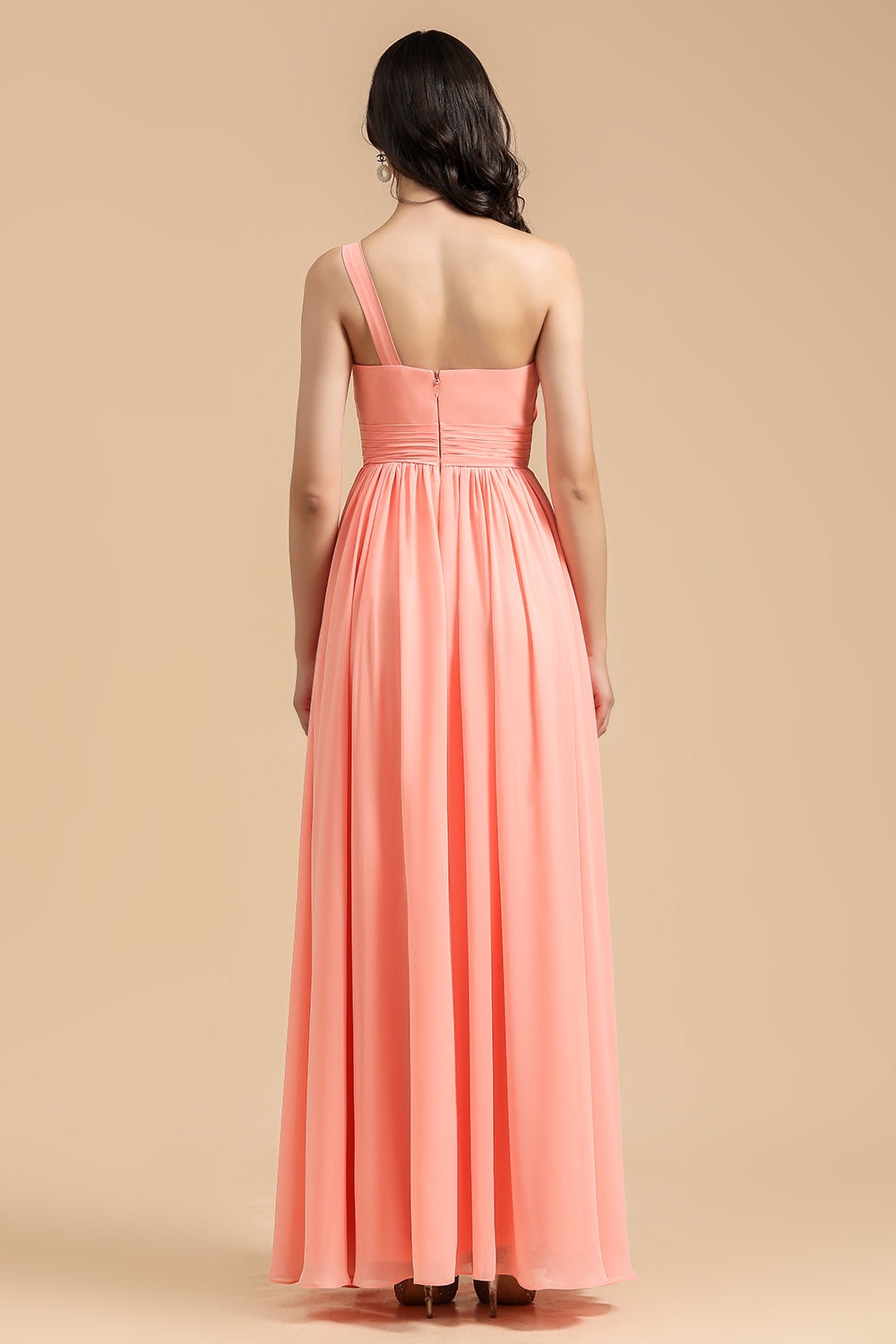Elegant A-line One Shoulder Coral Chiffon Long Bridesmaid Dress-misshow.com
