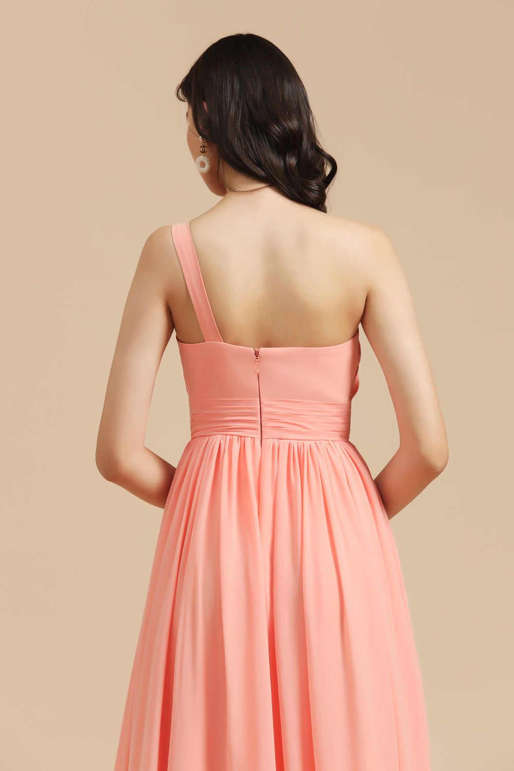 Elegant A line One Shoulder Coral Chiffon Long Bridesmaid Dress misshow