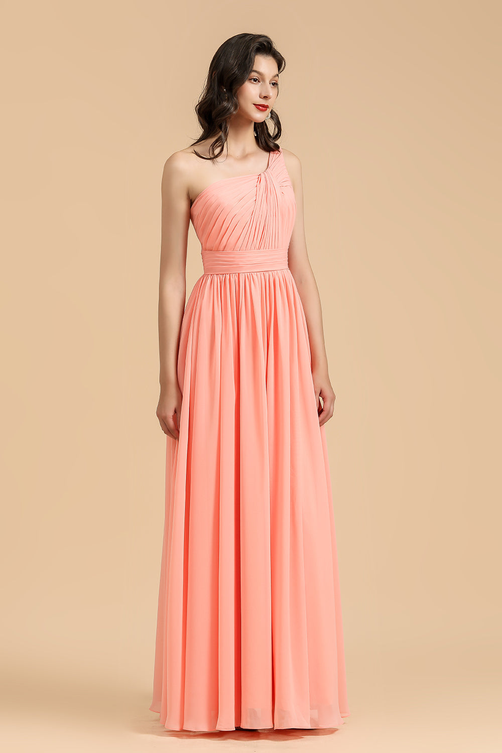 Elegant A-line One Shoulder Coral Chiffon Long Bridesmaid Dress-misshow.com