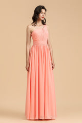 Elegant A-line One Shoulder Coral Chiffon Long Bridesmaid Dress-misshow.com