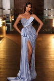 Elegant A-line Sleeveless Sequined Satin Prom Dress With Slit