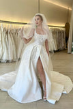 Elegant A-line Straps Flowers Sleeveless Lace Wedding Dress With Slit-misshow.com