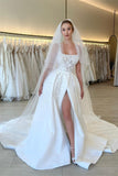 Elegant A-line Straps Flowers Sleeveless Lace Wedding Dress With Slit-misshow.com