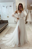 Elegant A-line Tull Lace Split Wedding Dress With Sleeves-misshow.com