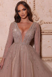 Elegant A-line V-neck Long Sleeves Beading Prom Dress-misshow.com