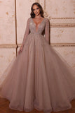 Elegant A-line V-neck Long Sleeves Beading Prom Dress-misshow.com