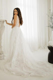 Elegant A-line V-Neck Sleeveless Wedding Dresses With Lace-misshow.com