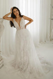 Elegant A-line V-Neck Sleeveless Wedding Dresses With Lace-misshow.com