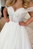 Elegant A-line White Off-the-Shoulder Pearls Sleeveless Wedding Dress-misshow.com