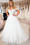 Elegant A-line White Off-the-Shoulder Pearls Sleeveless Wedding Dress