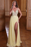 Elegant A-line Yellow V-neck Sequined Sleeveless Prom Dress With Slit