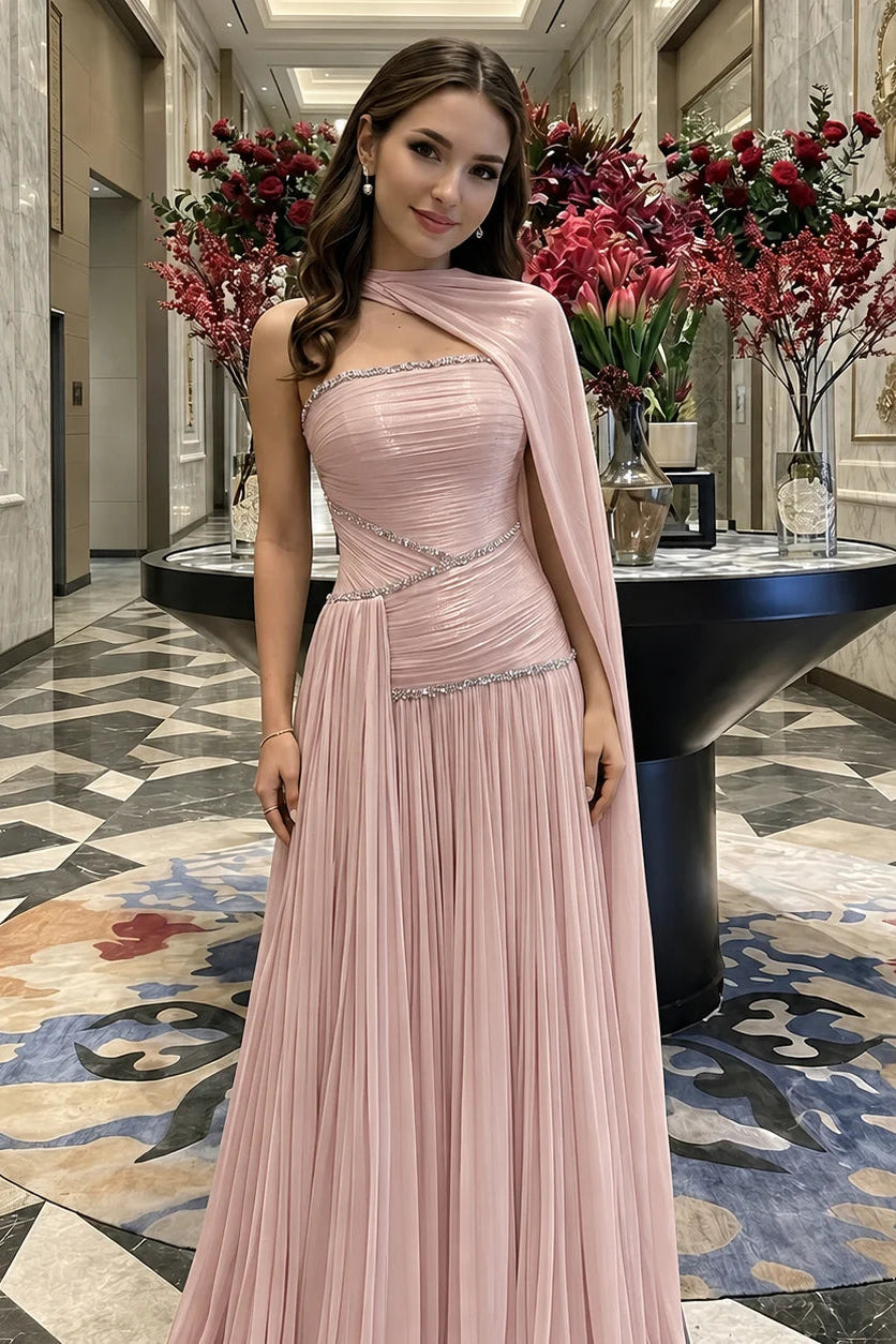 One Shoulder Cape Sleeve Pleated Chiffon Evening Dress Crystal Beaded Waist A-line Formal Gown