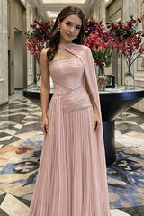 One Shoulder Cape Sleeve Pleated Chiffon Evening Dress Crystal Beaded Waist A-line Formal Gown