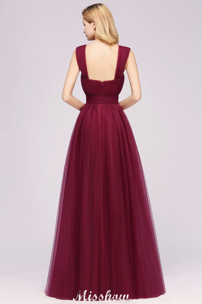 Elegant Aline Sleeveless Tulle Evening Maxi Gown Burgundy Straps Bridesmaid Dress | MisShow Elegant Aline Sleeveless Tulle Evening Maxi Gown Burgundy Straps Bridesmaid Dress | MisShow