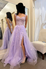 Elegant Appliques Lace A-Line Tulle Floor-length Prom Evening Dresses With Side Slit-misshow.com