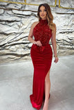 Elegant Black Halter Sleeveless Floor-length Prom Dresses with Slit-misshow.com