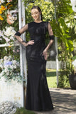 Elegant Black Jewel Long-Sleeves Mermaid Satin Prom Dresses-misshow.com