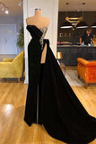 Elegant Black Split Front One Shoulder Prom Dress With Beading