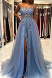 Elegant Blue Long Evening Dresses Beadings Prom Dresses With Slit-misshow.com