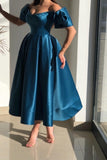 Elegant Blue Off-the-shoulder A-Line Ankle-Length Satin Prom Dresses-misshow.com