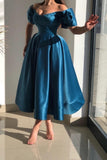 Elegant Blue Off-the-shoulder A-Line Ankle-Length Satin Prom Dresses