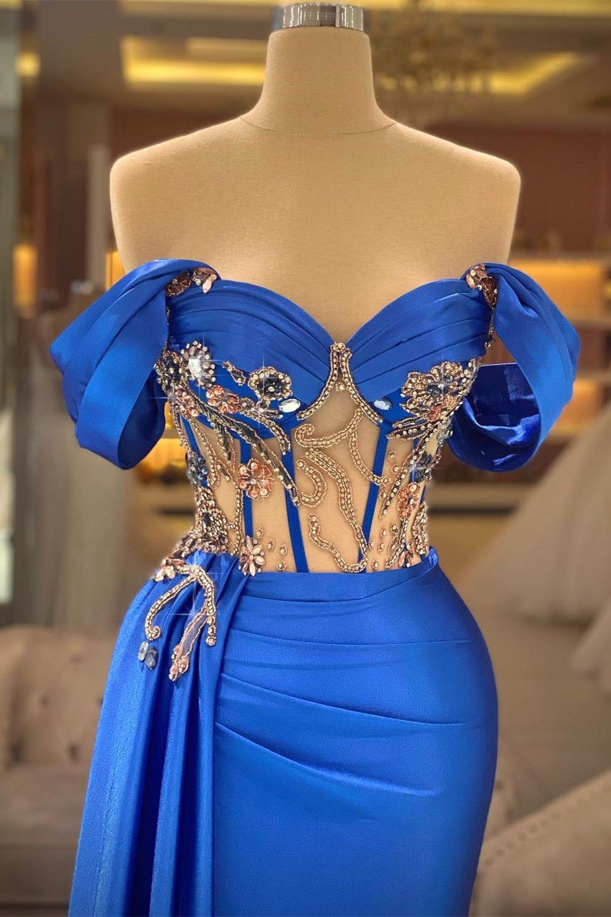 Elegant Blue Off-the-shoulder Sleeveless Beading Prom Dress With Slit-misshow.com