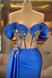 Elegant Blue Off-the-shoulder Sleeveless Beading Prom Dress With Slit-misshow.com
