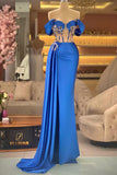 Elegant Blue Off-the-shoulder Sleeveless Beading Prom Dress With Slit